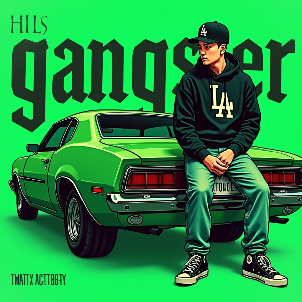 Image of a man sitting on the bonnet of a car, Yoshihiko Wada's album cover, winner of the behance contest, Doodle, official artwork, rap album cover, hip - hop album art cover, colored album art, hip hop music album cover, rap album cover art, official fanart, GTA Cover, hip hop album cover, album art cover, G-FUNK Hip Hop album cover, green background, green car, with the words 'gangster' on the back of the picture, an Asian teenager wearing a black LA hoodie, a black LA ball cap with a deep press and a wide pair of jeans down, a troublemaker boy sits on the bonnet of a car and lets the car out to the side