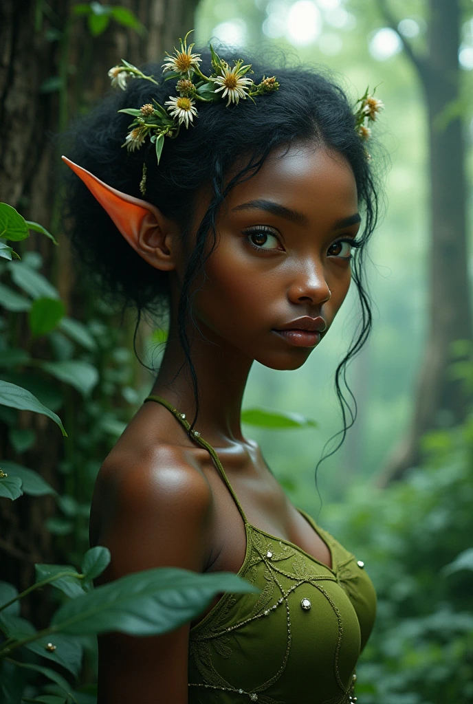 Black woman with cool skin tones, 20 year, small, fleshy mouth, amber almond eyes , Oval face, medium sized breasts, upturned button nose, fairy ears, this is in a forest