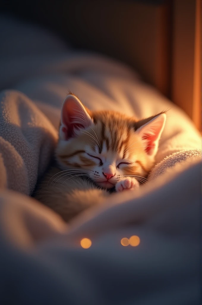 Kitten sleeping in bed at night heart