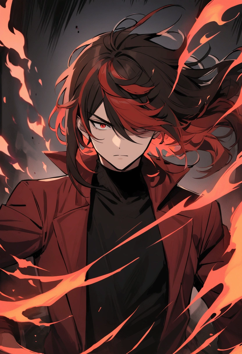 teenage boy, tidy hair, medium length hair, multicolored black and red hair, long bangs covering the left eye, Eyes red, serious face, black jersey, dark red overcoat, red tattoos on the body, holding a red revolver, fiery aura.