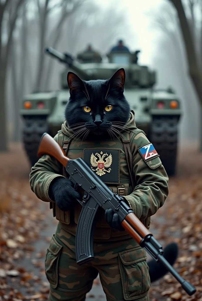 Create a black cat fighting against Ukraine. He is wearing Russian camouflage clothing and has an AK in his hand. He is wearing a bulletproof vest with the letters Z in white and he is in a forest with leafless trees with a Russian T80 armored vehicle. He is wearing the Russian flag.