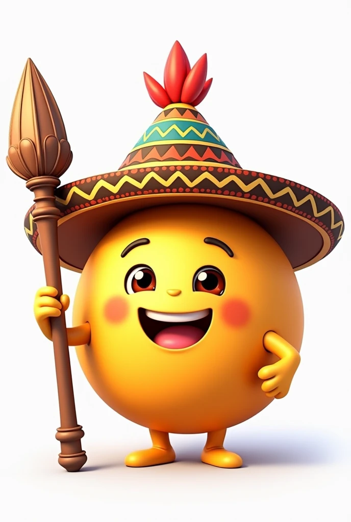 Yellow circular smiling emoji with a HAT from the Inca culture AND HIS staff from the Inca empire with a transparent background