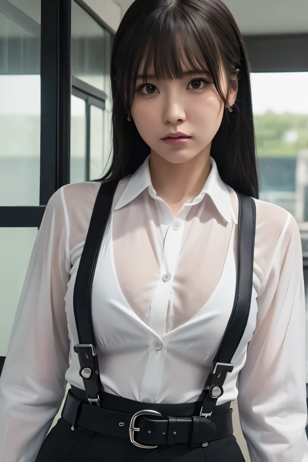 a woman in a suit, belt, hands behind back, sweating, suspenders, black pants, sexly, large breasts, see-through clothing, rain, detective, office worker, white button-up shirt, (best quality,4K,8k,highres,masterpiece:1.2),ultra-detailed,(realistic,photorealistic,photo-realistic:1.37),hyper-detailed,highly detailed face and body, Slender thin suspenders Moderate breasts See-through shirt Nipples holster chain Pistol Armament criminal Female criminal knife