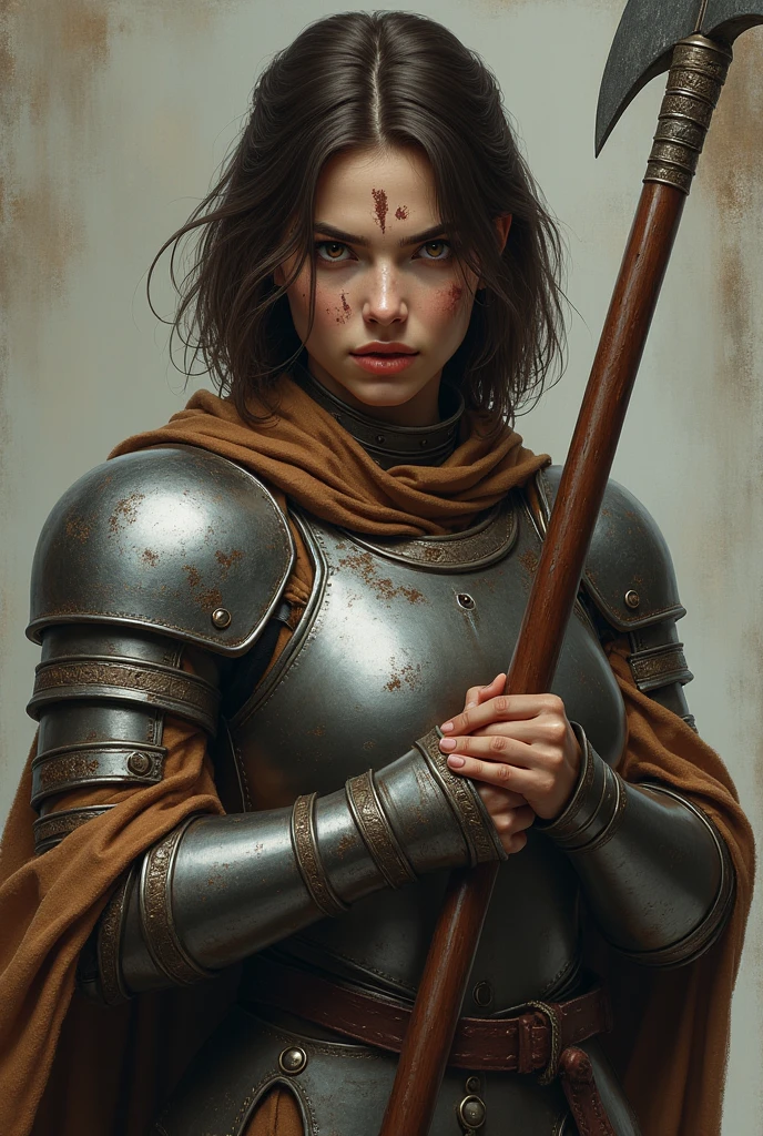 super realistico, Highly detailed face, Battle scars face, 精致的面容, , 1 lady, all-body, a long halberd downwards with both hands, Hold the halberd anatomically correctly, Brown Bob Hair, , medieval dressing, gazing at viewer, simple color background
