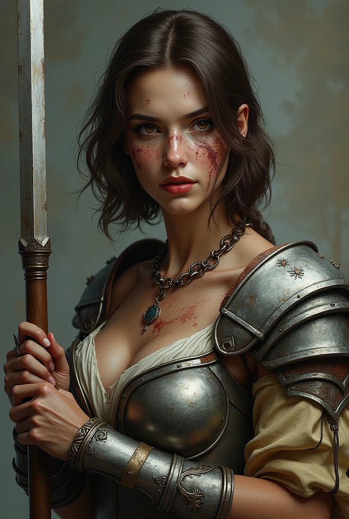 super realistico, Highly detailed face, Battle scars face, 精致的面容, , 1 lady, all-body, a long halberd downwards with both hands, Hold the halberd anatomically correctly, Brown Bob Hair, , medieval dressing, gazing at viewer, simple color background
