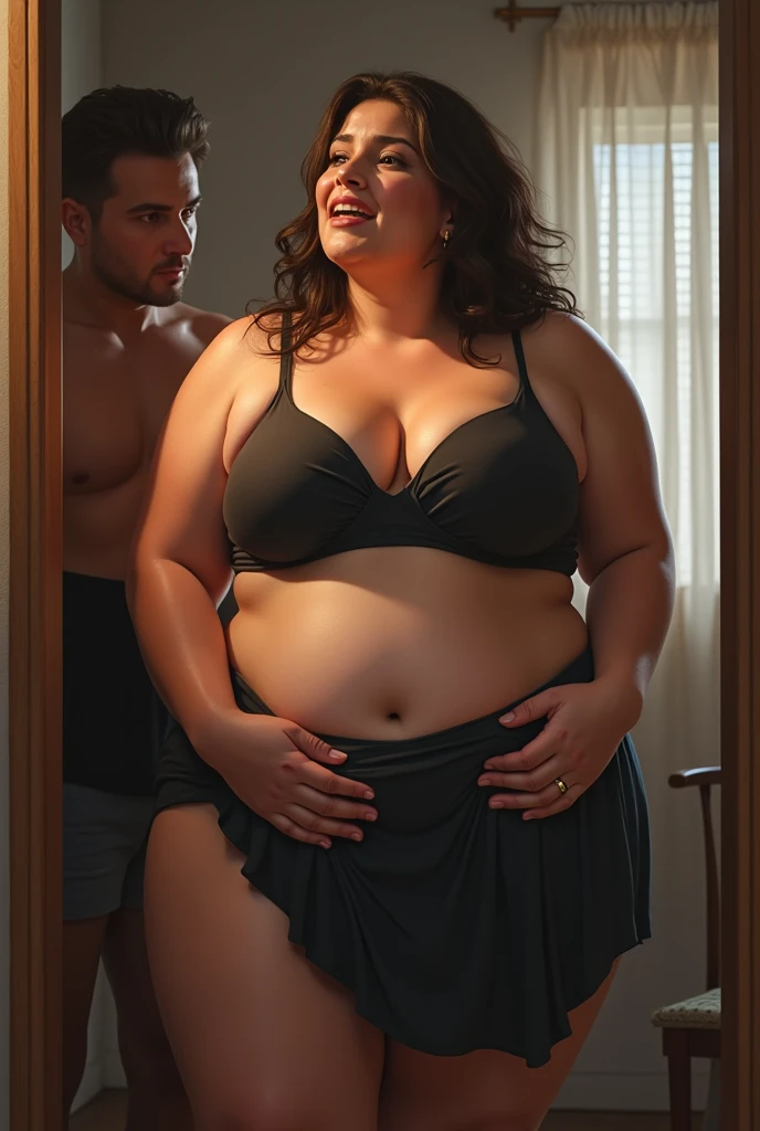 Fat woman went to put on clothes but the clothes were too small for her,so she decides to get naked,but her husband arrives and is shocked