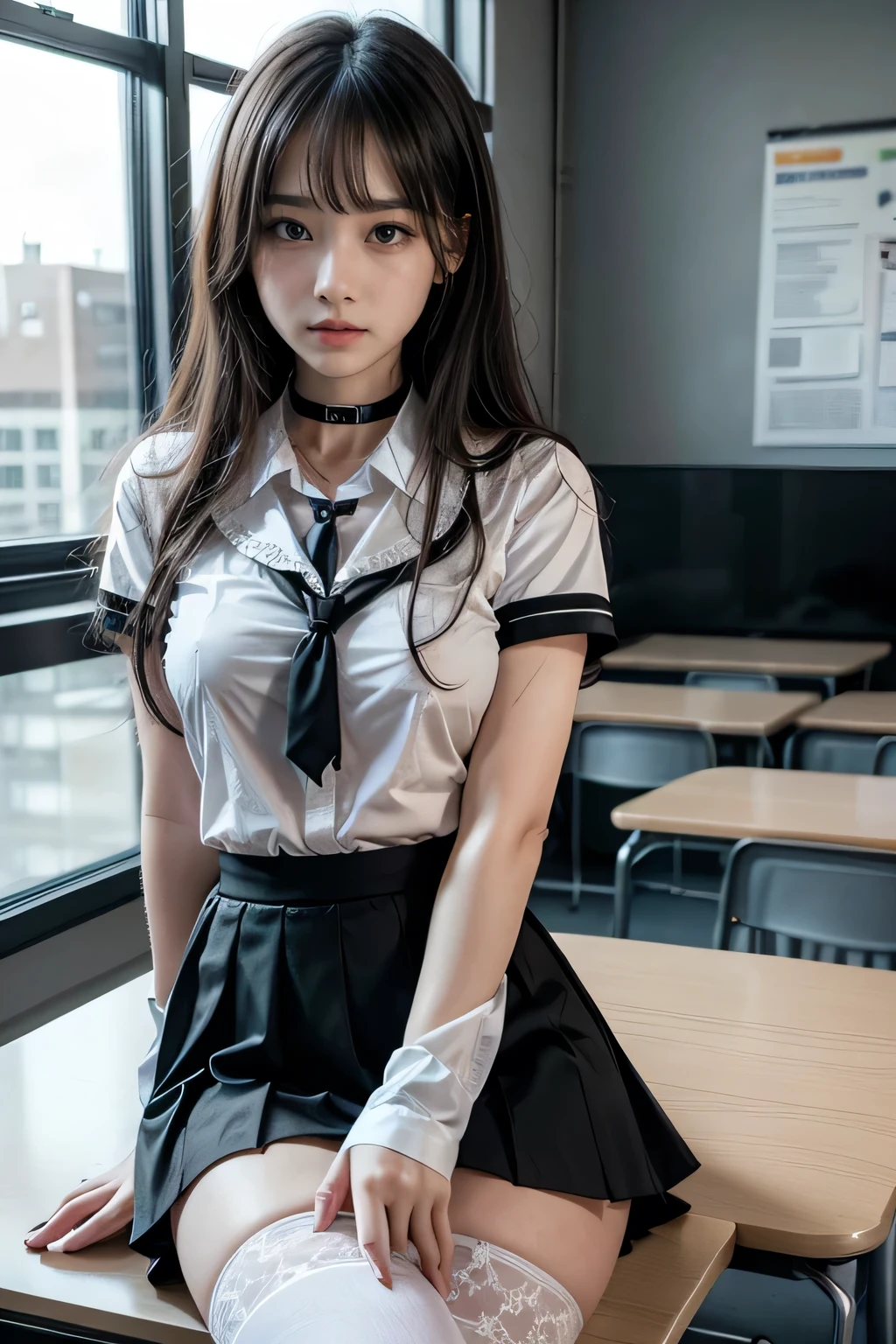 , School girl, white and black uniform, white and black skirt, black lace choker, white lace thigh highs, looking at viewer, class room background, sitting on desk, seductive, dark eyeliner, sexy eyeliner,