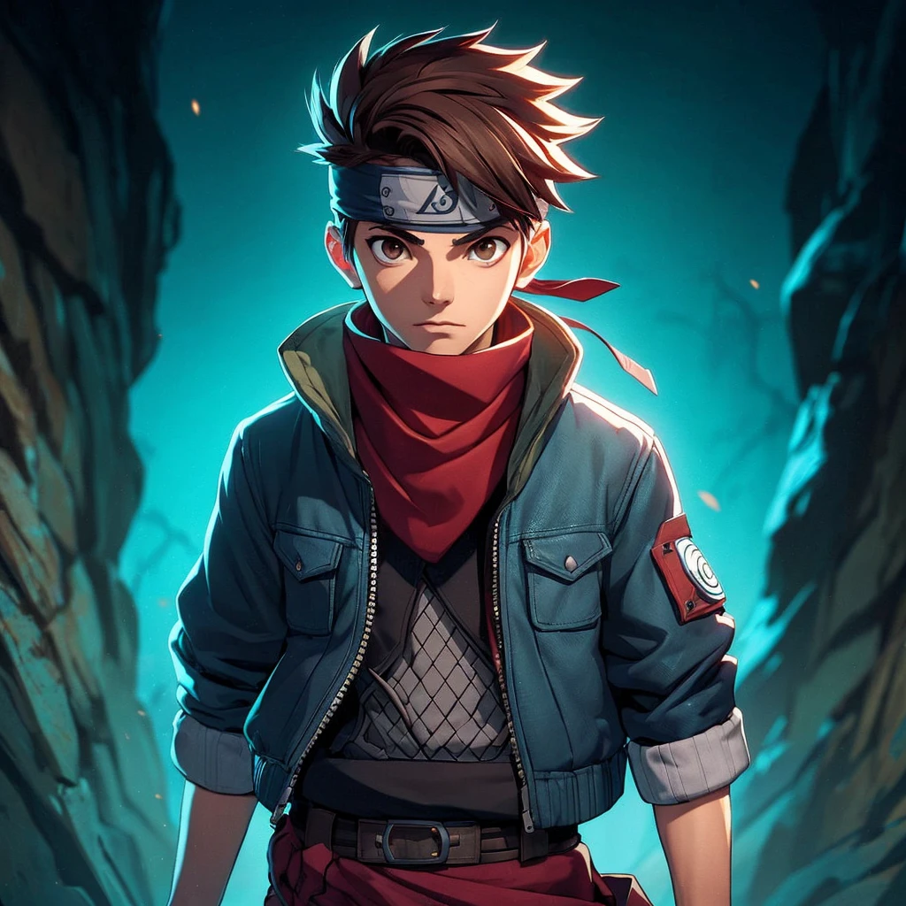 A young ninja with a konoha bandana around his neck, wearing a jeans jacket and dark red pants. He has short brown hair and brown eyes. Use top trending references from DeviantArt and ArtStation for comics, anime, and ninja animations. The background is dark with rock shadows and turquoise backlighting.
