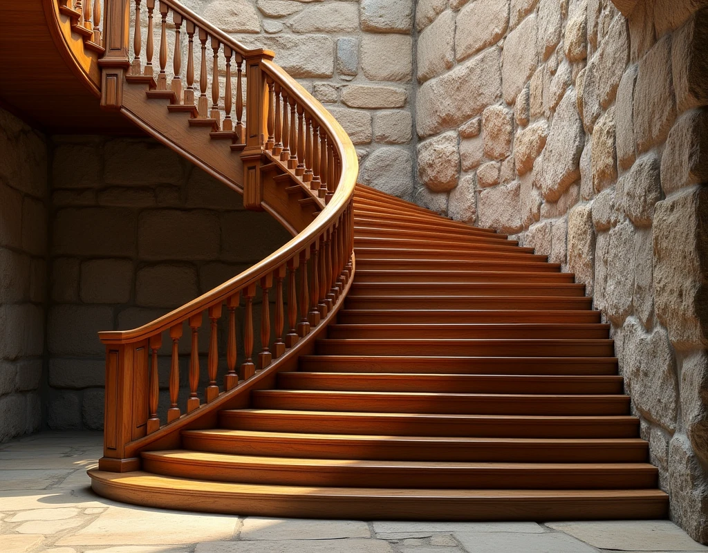 We need an image of a stair of wood jo ak diwar per kadhi ho
