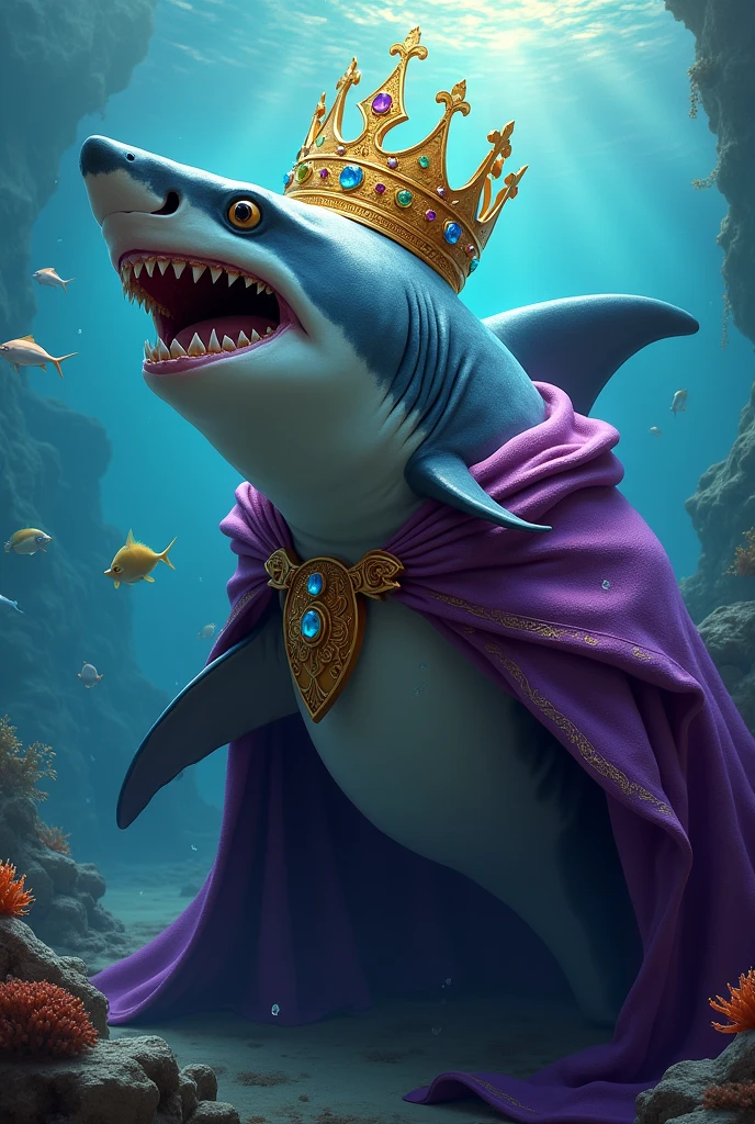 A shark with his crown and cape of the golden king of the raccoon king and the camel king
