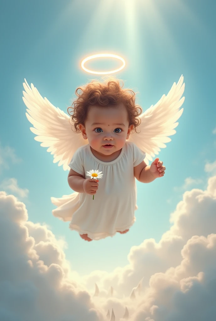 Create for me 10 illustration of a baby angel flying, holding bag of money , dark image