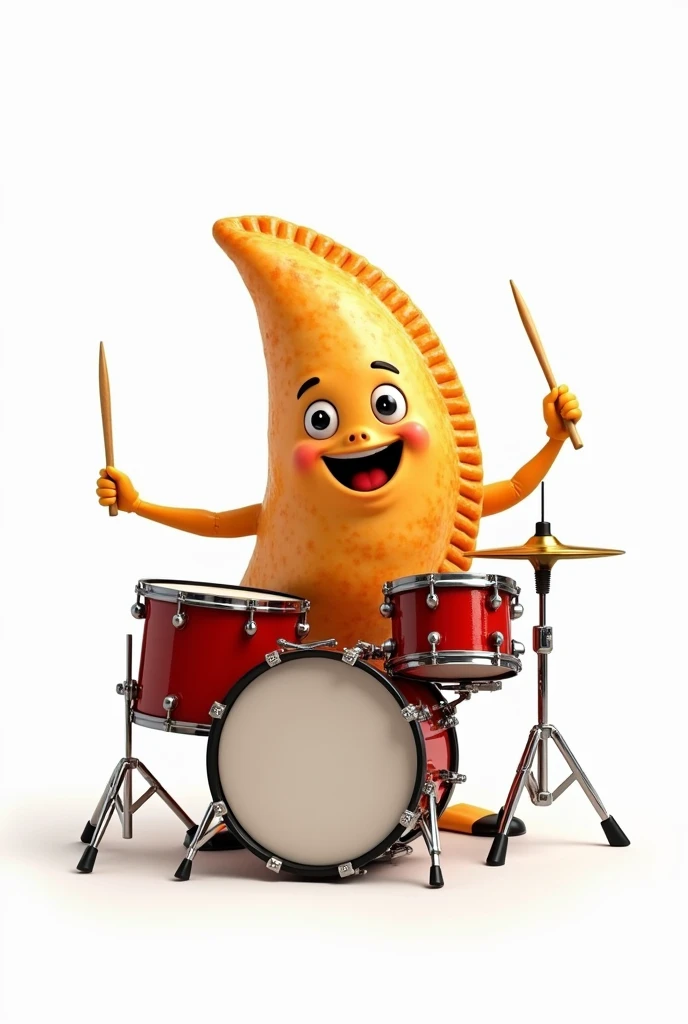 An empanada playing drums on a white background