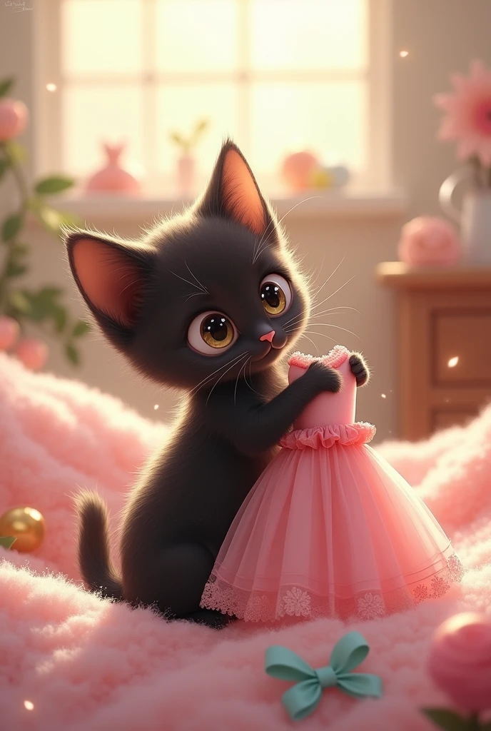a black female kitten wanting a pink dress