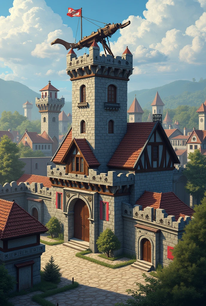 Create a medieval themed town hall for Clash of Clans with a crossbow on top as the main weapon, and around them defenses that characterize them as a village