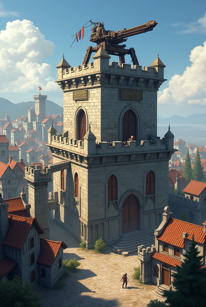 Create a medieval themed town hall for Clash of Clans with a crossbow on top as the main weapon, and around them defenses that characterize them as a village