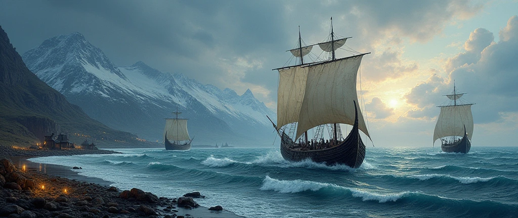 Specifies that the painting must be divided into two parts that connect fluidly..
Mention the specific historical period (9th century, Viking Age) to ensure the context.
Includes Viking ships, Candles with symbols, mountains, Mar, cloudy sky, and a ground held.Highlights the need for realism and attention to detail in the texture of the ships, Water, and the sky.