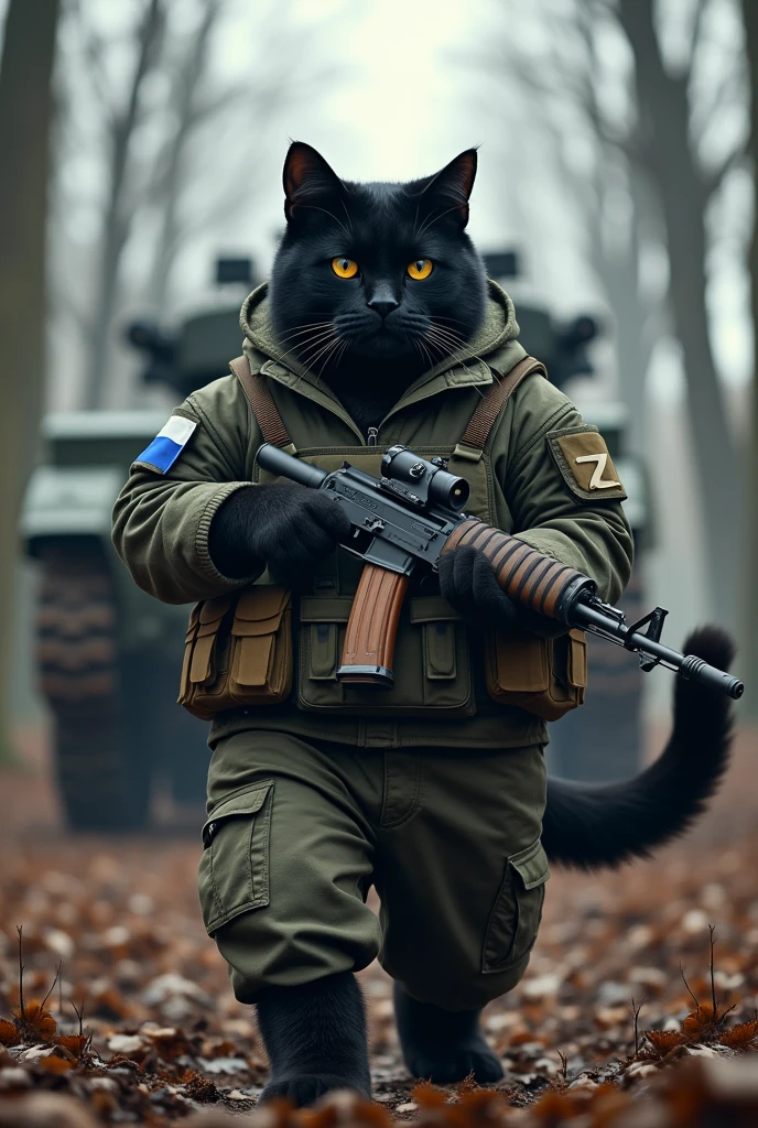 Create a black cat fighting against Ukraine. He is wearing Russian camouflage clothing and has an AK in his hand. He is wearing a bulletproof vest with the letters Z in white and he is in a forest with leafless trees with a Russian T80 armored vehicle. He is wearing the Russian flag.