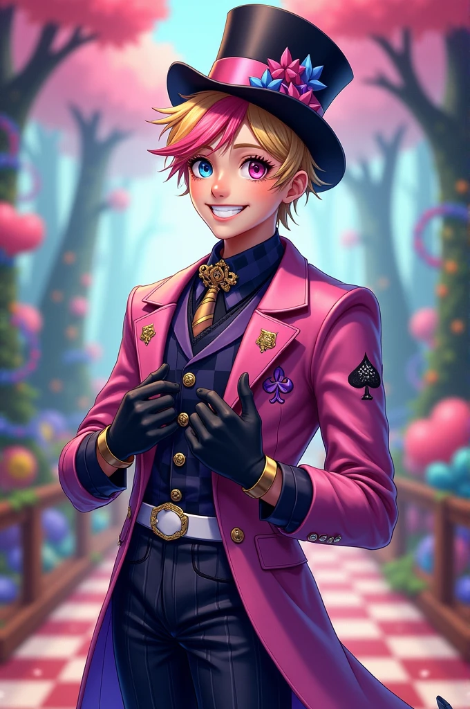 Create a young male, American Nationality, Blonde Hair with pink, purple and blue details. One blue eye and the other pink. Smile plastered on your face. Her outfit would be elegant, consisting of a black and white checkered shirt, a long jacket like a purple and black striped dress, the other side of the outfit would be pink with pink squares of another tone with playing card icon prints like spades, hearts , diamonds and clubs. Black gloves and white belt and black top hat with pink and blue details. The background would be magical like Wonderland with colorful trees and a checkered floor.