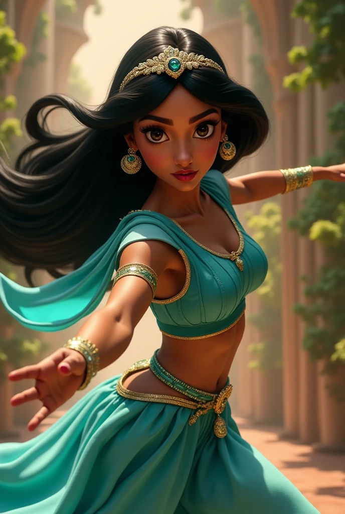 Stunning Princess Jasmine, photo in 8k, in action, cinematic.