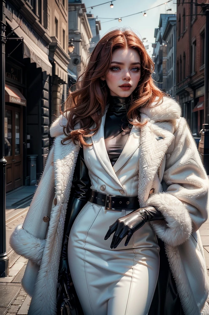 a beautiful young woman with long red hair, lora_Emma, wearing a tight black latex two piece suit, waist belt, a white fur coat, and sunglasses, standing outside,(best quality,4k,8k,highres,masterpiece:1.2),ultra-detailed,(realistic,photorealistic,photo-realistic:1.37),detailed face, detailed eyes, detailed lips, long eyelashes, beauty, fashion, portrait, glamorous, elegant, studio lighting, dramatic lighting, high contrast, vivid colors, cinematic,xuer white fur coat, coat on shoulders