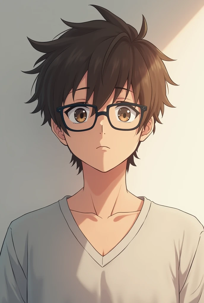 man, 24 yeara-old, brown hair, semi-wavy hair, brown eyes, black-framed glasses, expressionless look, half-body photograph, wearing a V-shirt, anime version, indifferent