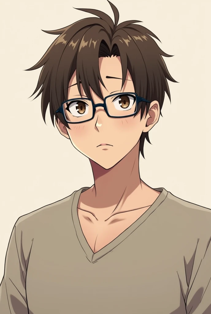 man, 24 yeara-old, brown hair, semi-wavy hair, brown eyes, black-framed glasses, expressionless look, half-body photograph, wearing a V-shirt, anime version, indifferent
