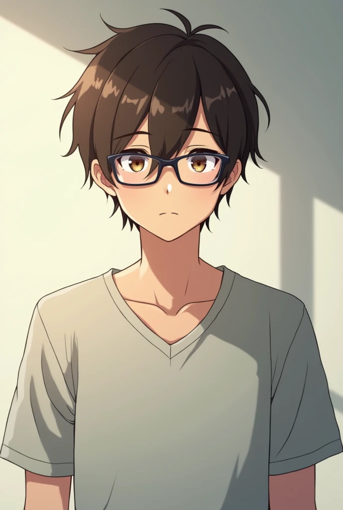 man, 24 yeara-old, brown hair, semi-wavy hair, brown eyes, black-framed glasses, expressionless look, half-body photograph, wearing a V-shirt, anime version, indifferent