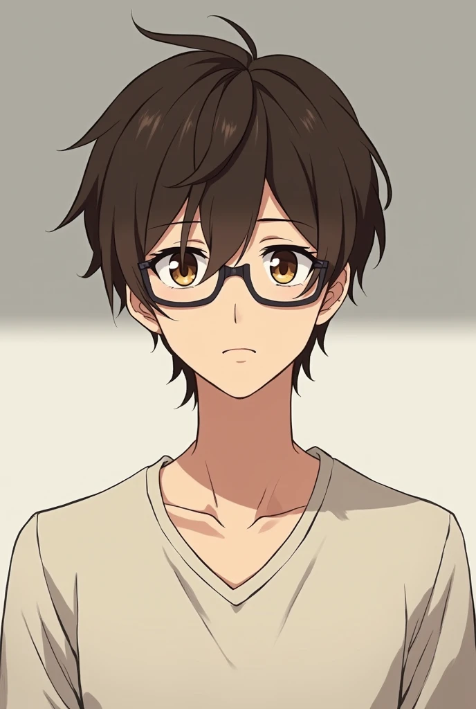 man, 24 yeara-old, brown hair, semi-wavy hair, brown eyes, black-framed glasses, expressionless look, half-body photograph, wearing a V-shirt, anime version, indifferent