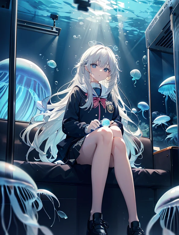 Produce an illustration of a beautiful girl sitting on an antique chair and reading a book in a library under the sea. The main character is a high school girl with medium white hair. She is wearing a sailor uniform with a red ribbon tied around her neck. she is wearing loafers. fantay view . The library is underwater . full of fish . Please make it look like the key visual of the anime.