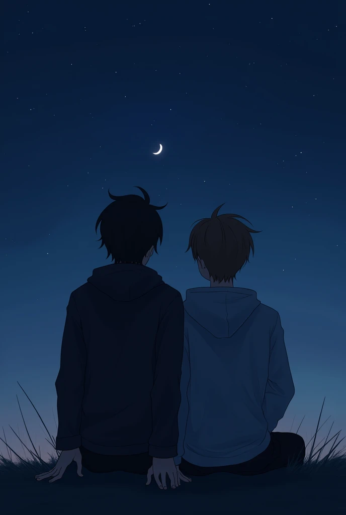 Two young men, one with black hair and the other with brown hair, that the background is midnight blue, that both have their backs turned, And they both have hoodies on. Oh, and the black-haired guy should be taller and a little muscular.. And they are sitting looking at the dark sky image in a4 format