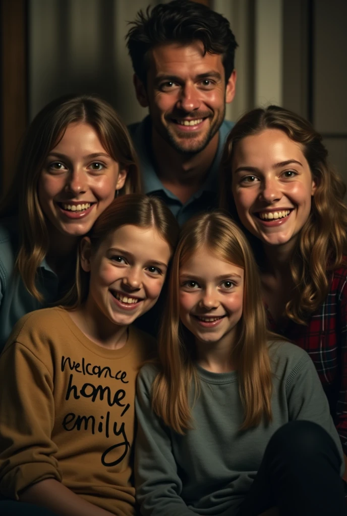 A close-up of the photograph showing a smiling family.

Emily notices the writing: "Welcome home, Emily." The room begins to darken, the light flickers, and the temperature drops. scary intense HORROR