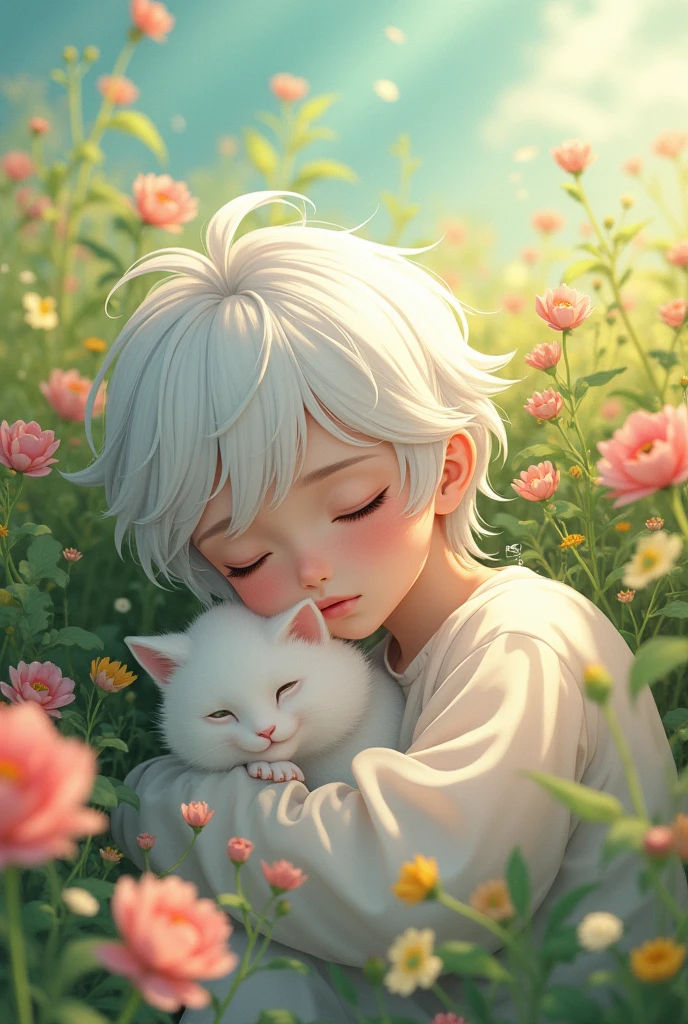 White hair, green eyes, cute, white skin, teenager, , sleeping on lap, cat on lap, flower field, flower, wind blowing, light pouring down