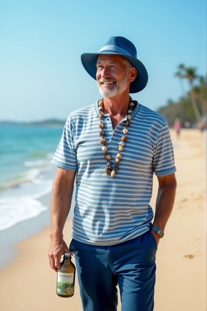 Man in blue hat, blue and white striped cotton shirt, dark blue pants, shell necklace, a bottle in hand and fund to donate