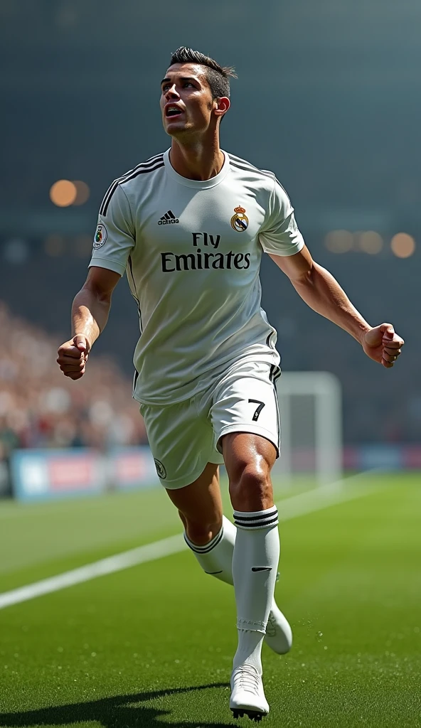 Photorealistic, 64K, A realistic christiano ronaldo [wearing real madrid soccer jersey number 7 ], standing up celebrating his goal