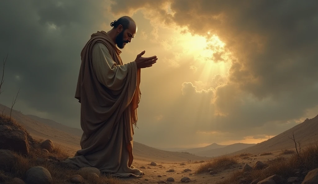 A deeply moving biblical scene showing Job in a state of mourning and humility. He is portrayed standing and looking at the ground, in a barren landscape, with his clothes torn and his head shaved as a sign of grief. The surrounding area is barren, reflecting the desolation he feels. Despite the crushing loss, Job is shown in a posture of worship, with his hands open as he prays. The sky above is a mixture of dark clouds and a small ray of light, symbolizing his unshakable faith in God even in the midst of profound suffering, as described in the story of Job. sun