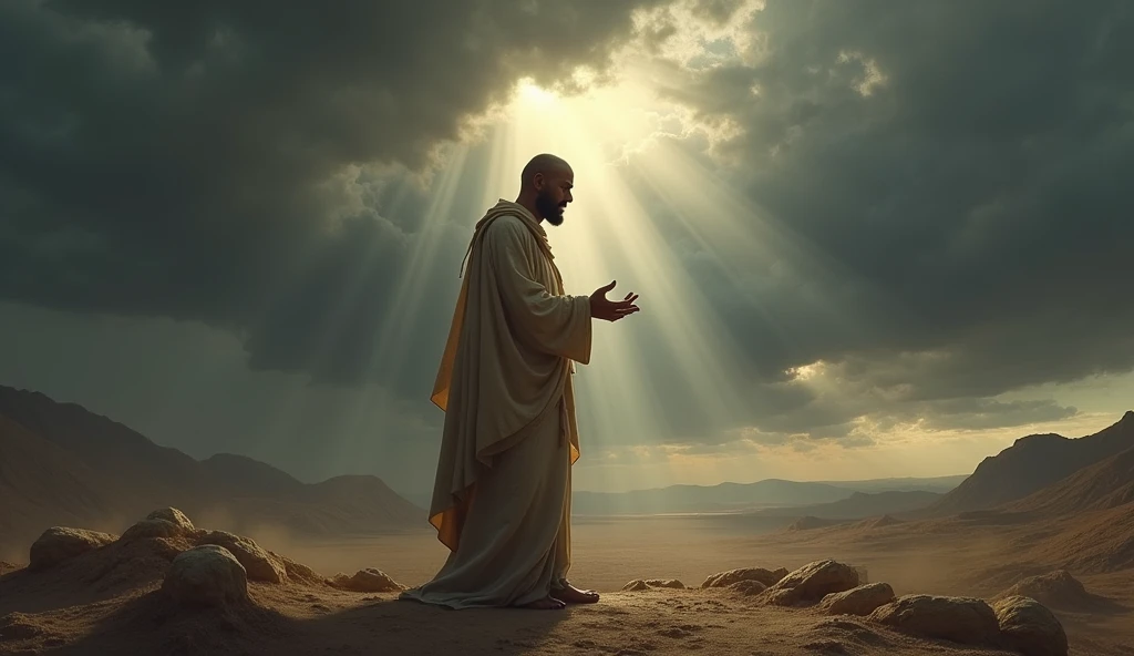 A deeply moving biblical scene showing Job in a state of mourning and humility. He is portrayed standing and looking at the ground, in a barren landscape, with his clothes torn and his head shaved as a sign of grief. The surrounding area is barren, reflecting the desolation he feels. Despite the crushing loss, Job is shown in a posture of worship, with his hands open as he prays. The sky above is a mixture of dark clouds and a small ray of light, symbolizing his unshakable faith in God even in the midst of profound suffering, as described in the story of Job. sun
