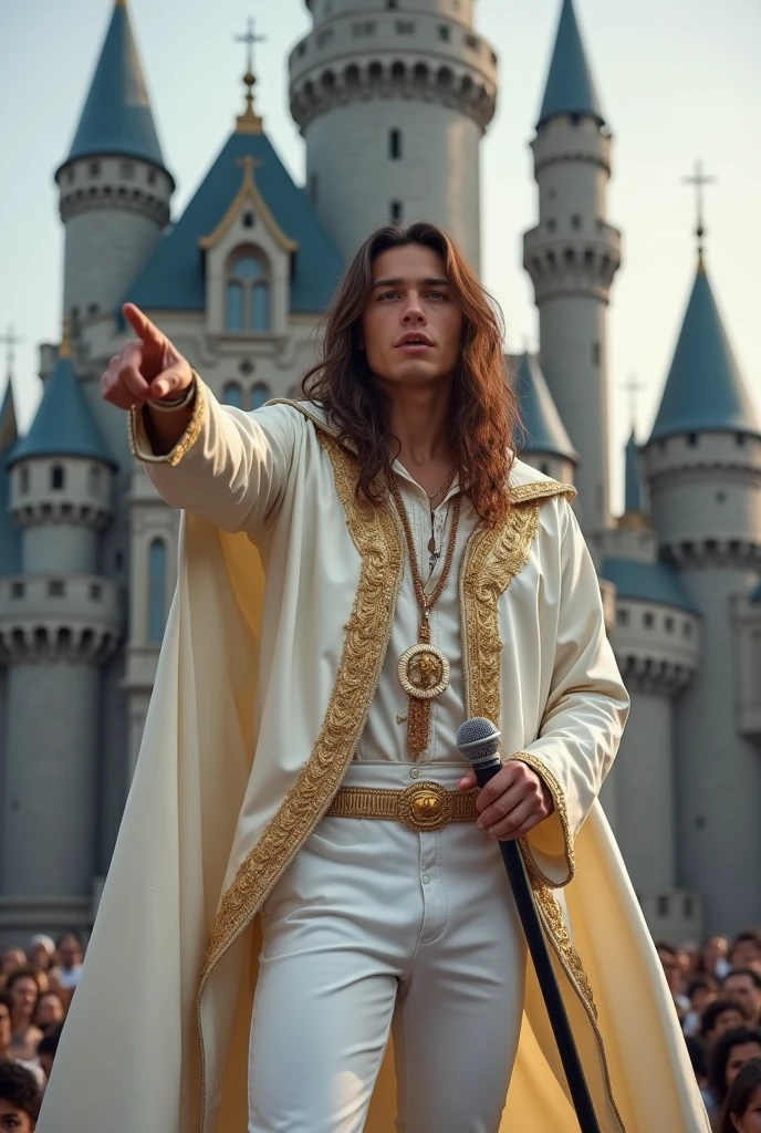 artwork best quality handsome american male teenager long brown hair fair skin with white cape and hooded coat on head with gold details white long sleeve shirt and white pants underneath intricate details singing holding a microphone seen from afar pointing at the audience at a concert with a medieval castle behind him with details uhq 8k details