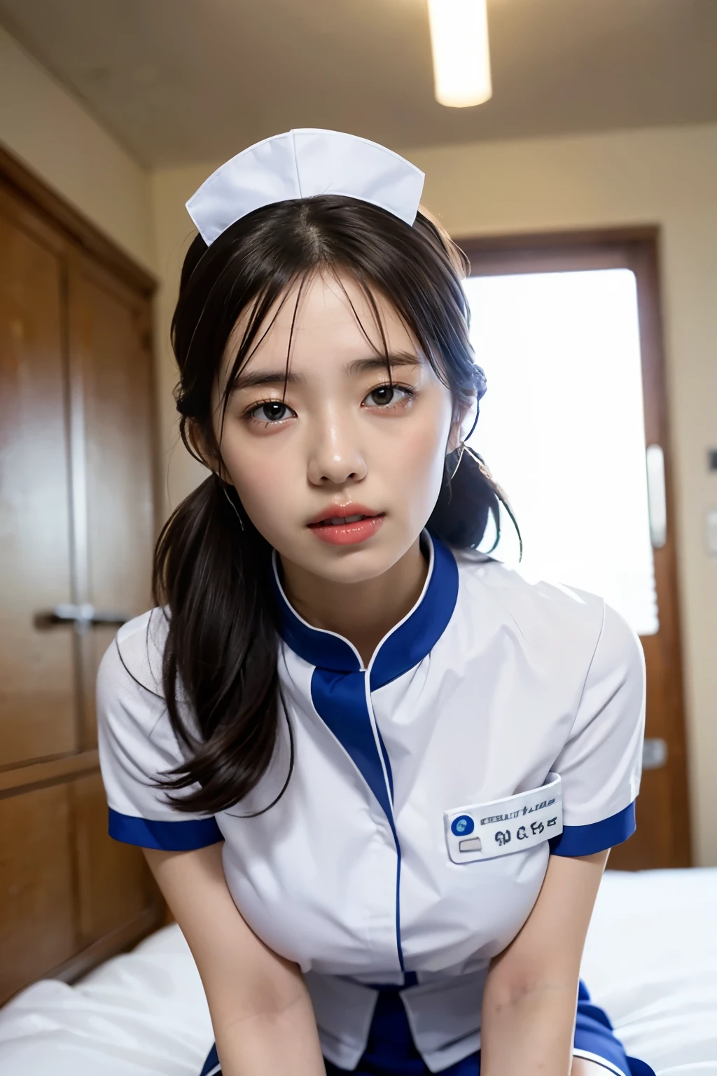(Fragments flying:1.2),(8K high quality), (best quality), (RAW image quality), (Reality), (That&#39;Reality的な:1.37), Big Eye,Long eyelashes,That&#39;Beautifully（Live-action Reality的な style）,ultimate face,Reality的な光と影,Clear facial features,milky white skin, High Detail Skin,Reality的な skin details,Visible pores,（Ultra Detailed）,(short hair),best portrait,((Photos taken from a distance, From the front)), only one girl, Cute type,fine and beautiful Eye, Beautifully detailed nose, Very delicate skin) ,(Double eyelid face is good looking), (realism: 1.4),Excellent details, Ultra-high resolution,,,Beautiful face,,25 years old,(Beautiful Face 1.4),Thin,,((Filming in hospital operating room)),, ((Wearing nurse uniform&#39;，Make eye contact with the audience)),Wearing nurse uniform cap,(The hospital is white.),,Very beautiful legs,((Crouch in front of the audience))),Squat down with your legs slightly open,The hospital floor is white,Crouch in front of the audience,((Crouch in front of the audience)), ((15-year-old girl, Slim, Thinウエスト, Thin太もも, Thin腕, Smile)), (((upward, (Watch from above:1.2),  , face, how, View, ((Sticking out tongue, open mouth)), close ~ Eye)))
