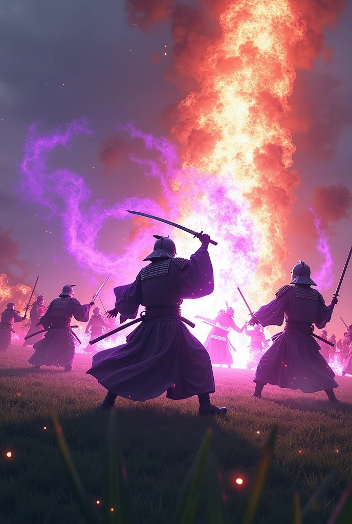 Samurai wielding a katana and wearing a kimono defeating several soldiers wearing plate armor, as a curtain of flames rises around him, her katana generates purple flames that surround her and break the soldiers' armor, the samurai and the soldiers find themselves in a mining field with a green lawn on fire due to the flames that slowly consume the place.