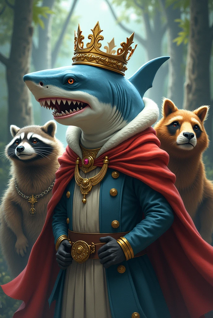 A shark with his crown and king's cape surrounded by the raccoon king and the camel king