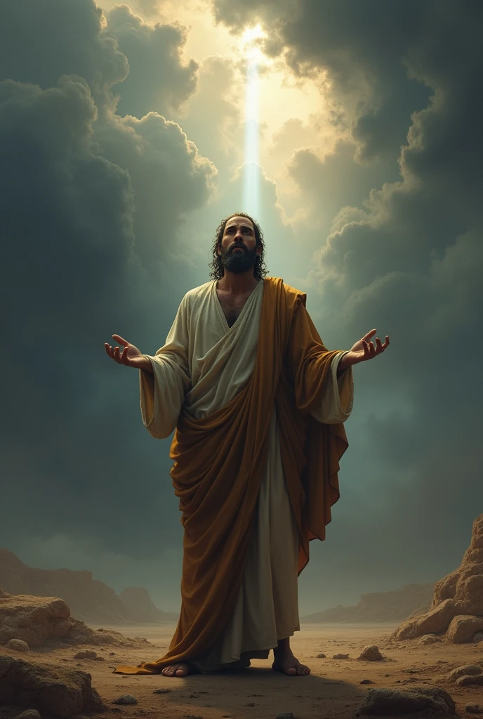 A deeply moving biblical scene showing Job in a state of mourning and humility. He is portrayed standing and looking at the ground, in a barren landscape, with his clothes torn and his head shaved as a sign of grief. The surrounding area is barren, reflecting the desolation he feels. Despite the crushing loss, Job is shown in a posture of worship, with his hands open as he prays. The sky above is a mixture of dark clouds and a small ray of light, symbolizing his unshakable faith in God even in the midst of profound suffering, as described in the story of Job. sun