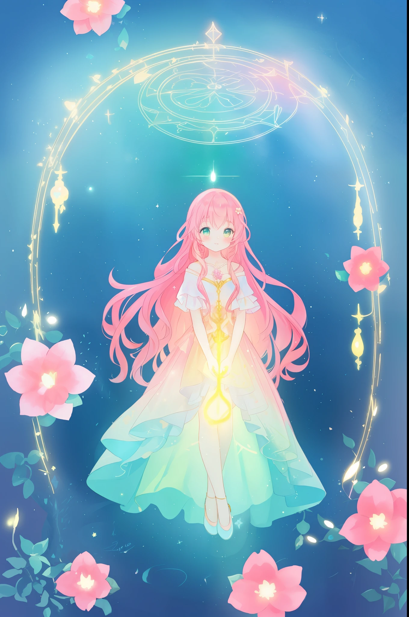 beautiful anime girl in flowing layered ballgown, vibrant pastel colors, (colorful), magical lights, magical flowers, flowers, glowing lights, red pink long wavy hair, sparkling lines of light, inspired by Glen Keane, inspired by Lois van Baarle, disney art style, by Lois van Baarle, glowing aura around her, by Glen Keane, jen bartel, glowing lights! digital painting, flowing glowing hair, glowing flowing hair, beautiful digital illustration, fantasia background, whimsical, magical, fantasy, beautiful face, ((masterpiece, best quality)), intricate details, highly detailed, sharp focus, 8k resolution, sparkling detailed eyes, liquid watercolor
