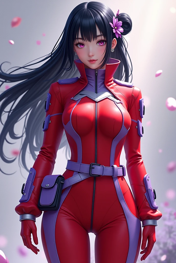 Create an image of a heroine's uniform, in red and lilac colors, with a red neck protector with lilac details.Neck collar style, covering the entire neck.Red utility belt with lilac pockets, Bblack hair, loose with lilac accessory.
Must have the exotic neck protector.