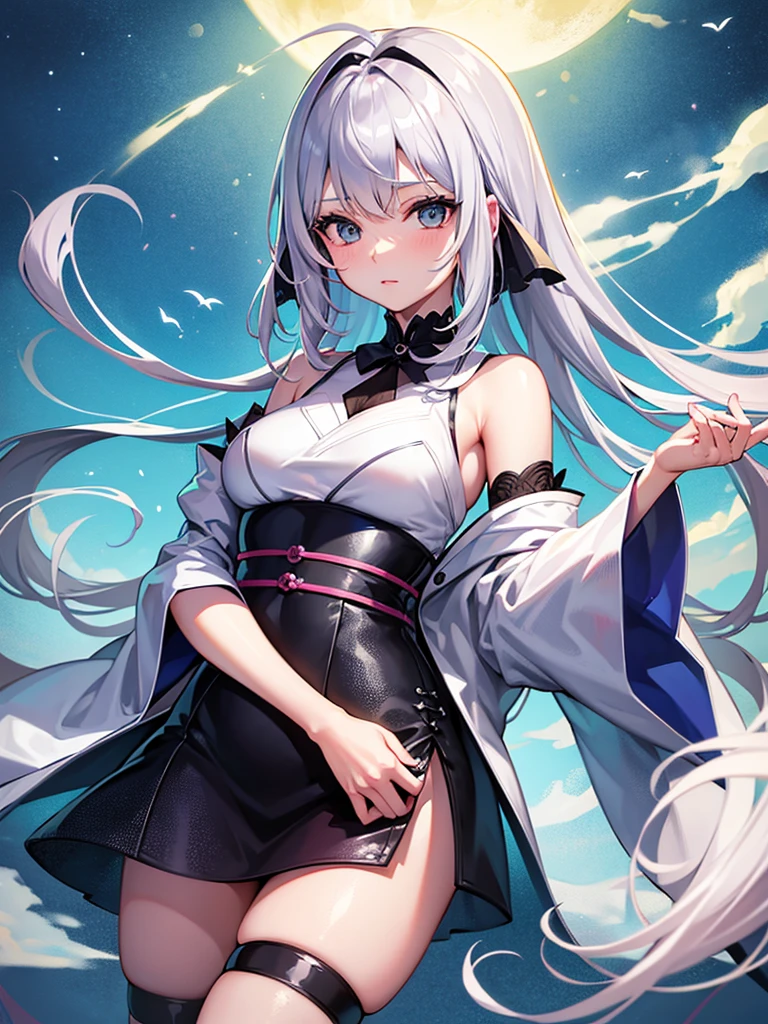 High resolution、A silver-haired girl drawn in the style of Japanese anime