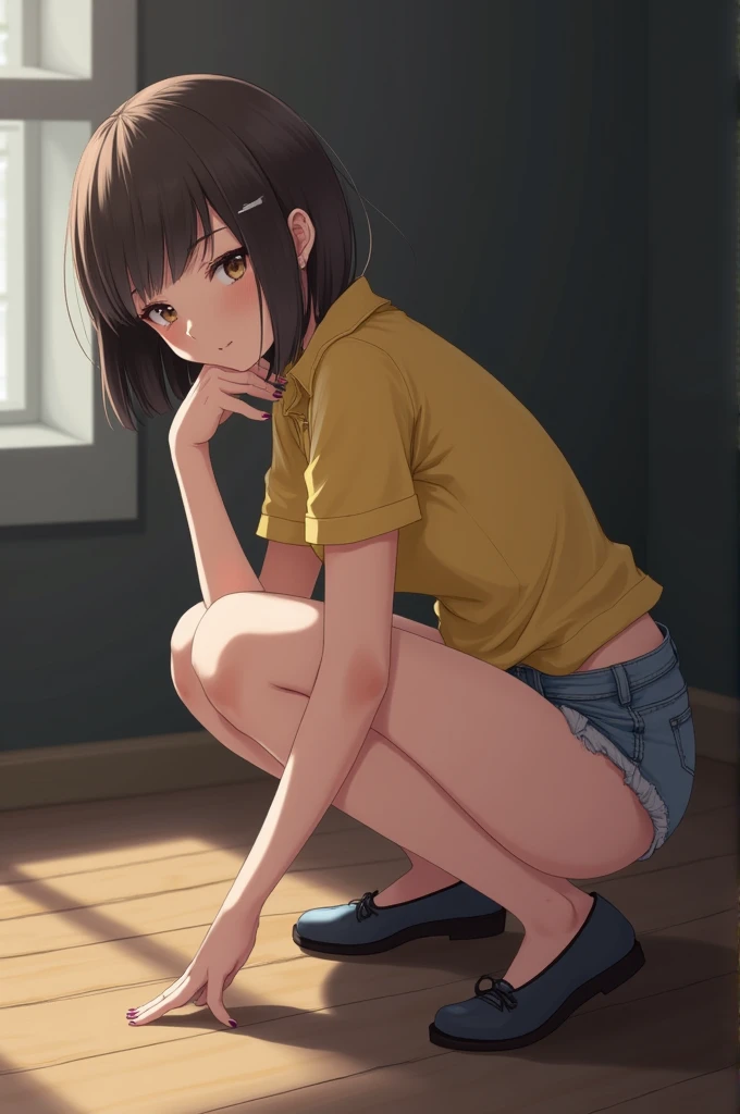 Short haired girl in a yellow uniform polo shirt with short sleeves and a sexy, big ass mini shorts crouching looking at the floor