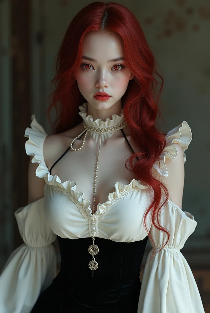 make a pale girl, with red eyes and small beautiful and perfect, He had long, dark red hair, a white women's shirt with a high collar, Exaggerated ruffle hem and long sleeves, a black mid-skirt and big, perfect breasts