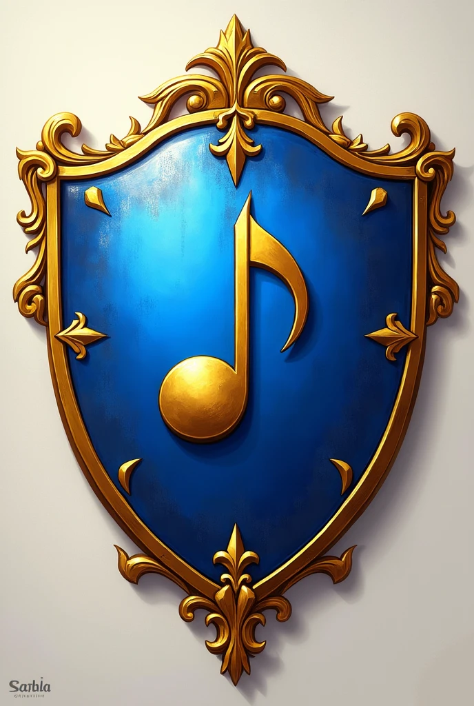 Blue and gold shield with musical note Front commission