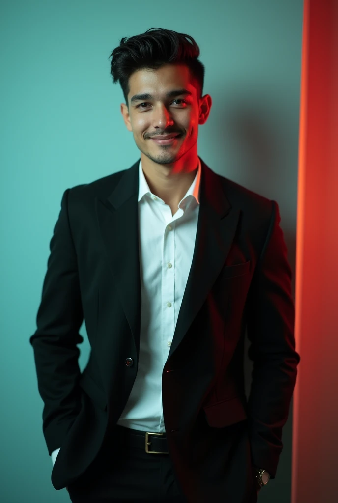 @๐ฅ_๐ ๐ข ๐ ๐ ๐_______๐ป๐ฌ:A young Man With Dark hair and a confident smile He is Dressed in a black blazer over a white shirt The man is positioned against aqua colour backdrop with a subtle red lighting on t