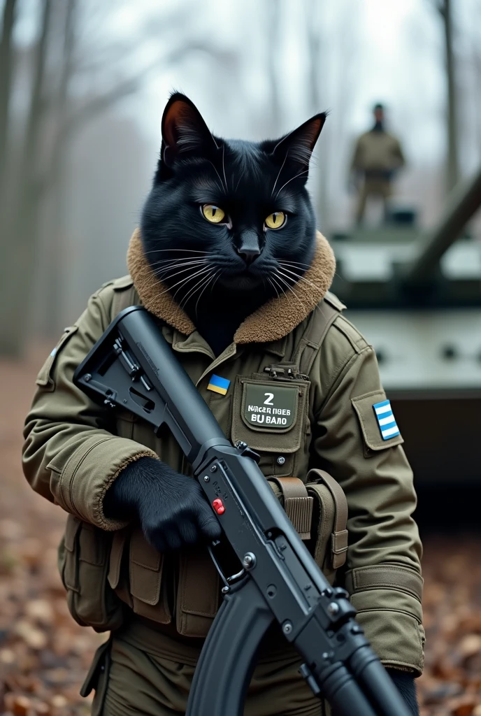 Create a black cat fighting against Ukraine. He is wearing Russian camouflage clothing and has an AK coma in his hand. He is wearing a bulletproof vest with the letters Z in white and he is in a forest with leafless trees with a Russian T80 armored vehicle. He is wearing the Russian flag. 4k