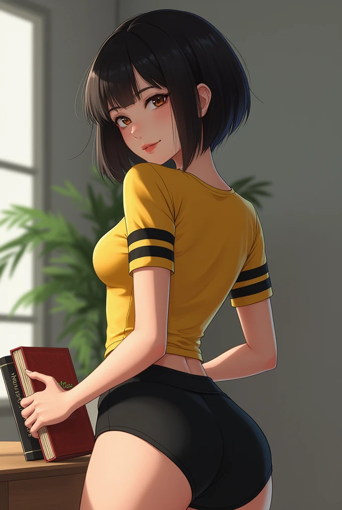 Generates an image of a girl with short hair and a yellow shirt with black stripes on the short sleeves of the uniform with black PE shorts and bends down and looks very sexy from behind seen from behind with her black shorts and a big ass seen from behind picking up a book looking down with her head forward